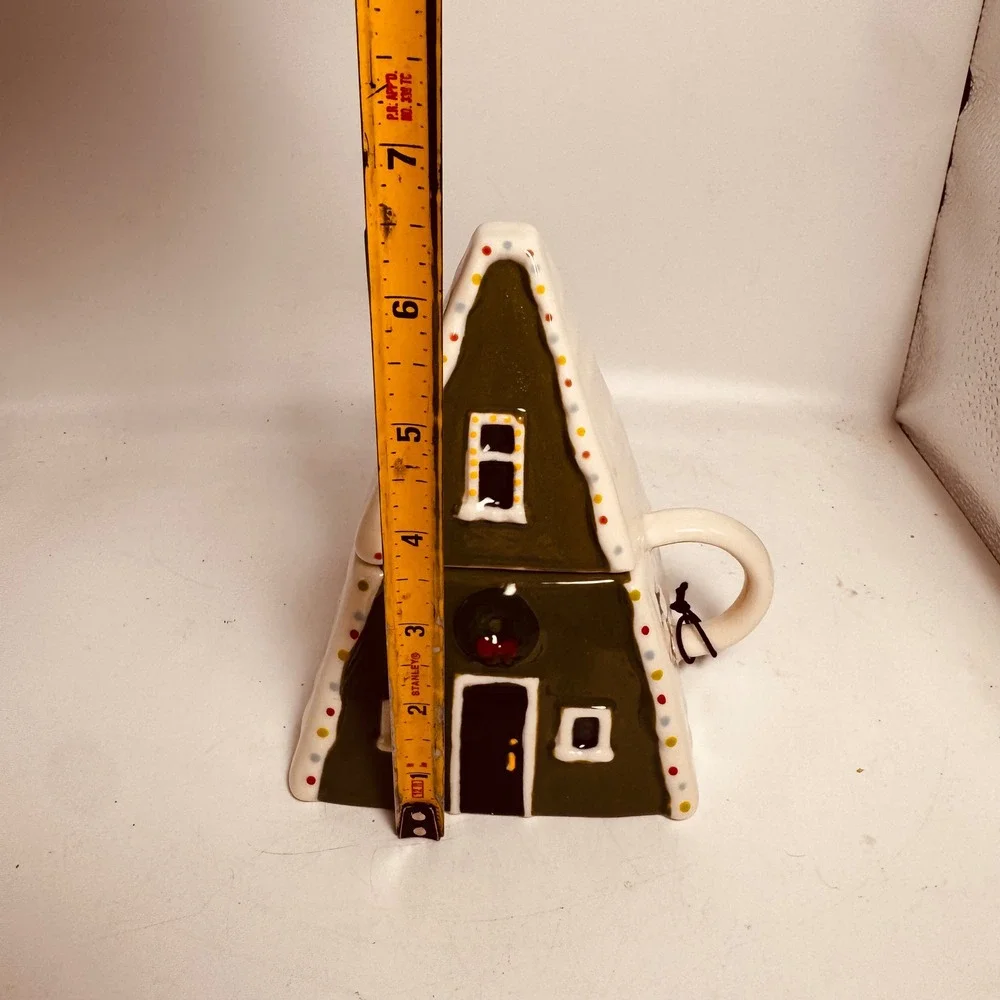 West Elm‎ A-Frame Cabin Mug with Lid Christmas Holiday Ceramic Cottage House New